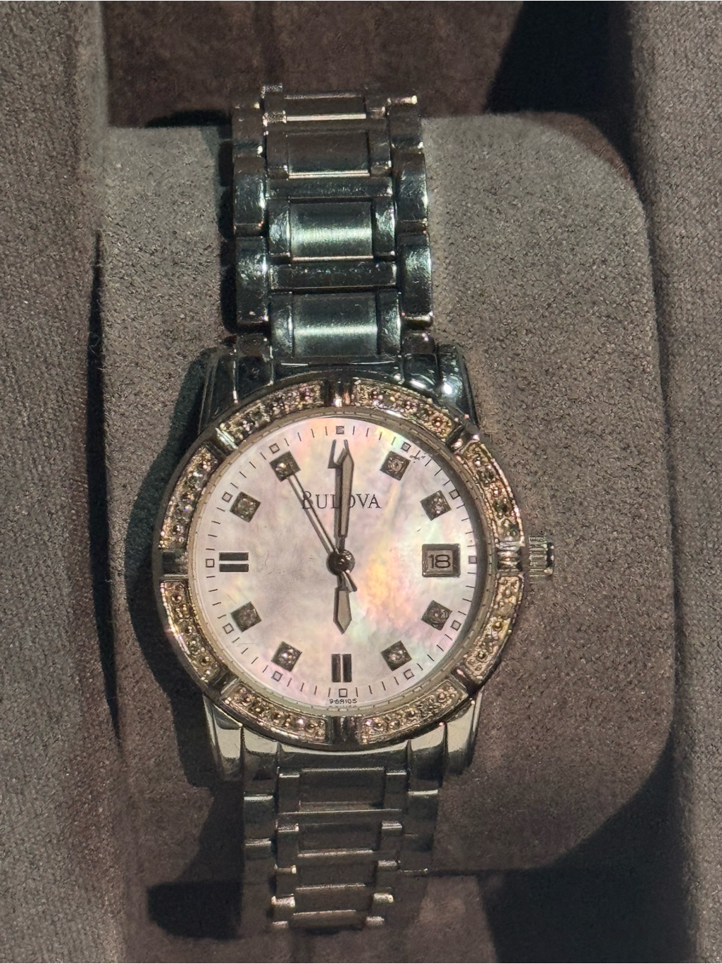 Bulova Silver Tone Bracelet Watch With MotherOfPearl Dial And Crystal Accents